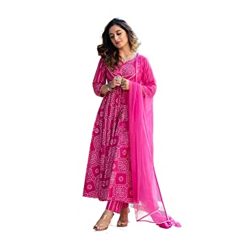 Royal Export Women's Pink Color Cotton Printed Flair Kurti Trouser Pants Set with Dupatta