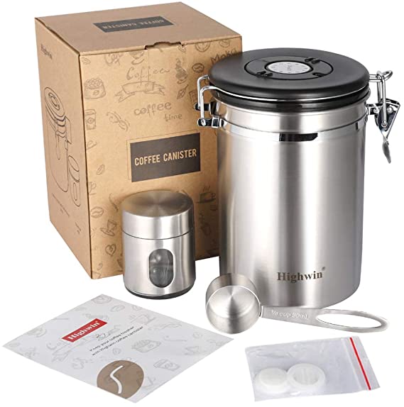 Highwin Stainless Steel Airtight Coffee Canister, 25OZ Vacuum Sealed Container with Cantilever Lid, CO2-release Valve and Date Tracker, Measuring Scoop, 2 Extra Valves and 1 Travel Jar Included,Silver