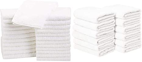 AmazonBasics Fast Drying, Extra Absorbent, Terry Cotton Washcloths, White - Pack of 24 & Cotton Hand Towels, White - Pack of 12