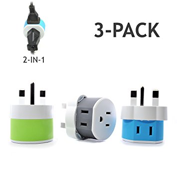 OREI UK, Ireland, Dubai Travel Plug Adapter - 2 USA Inputs - 3 Pack - Type G (US-7) - Does Not Convert Voltage