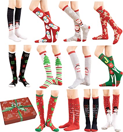 12 Pair, Knee High Holiday X-Mas Socks, 12 Different Designs, Christmas Size 9-11