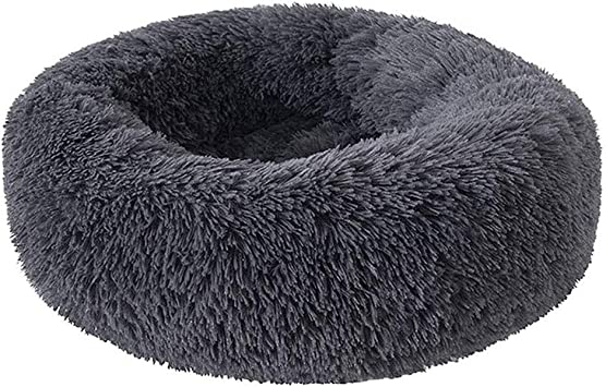 Soft Plush Round Donut Pet Bed for Cats or Medium Small Dogs,Cozy Pet Bed,Joint Relief and Improved Sleep,Machine Washable,Waterproof Bottom(M(24" Dx8 H) Dark Grey)