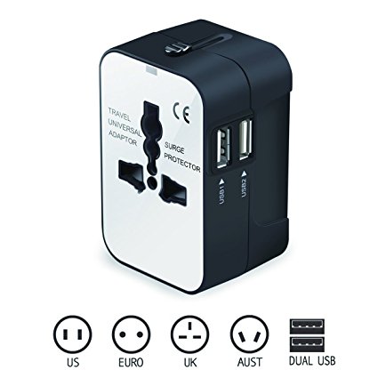 Travel Adapter, JZxin Universal All in One Worldwide Power Adapter Converters USB Wall Charger AC Power Plug Adapter with Dual USB Charging Ports for USA EU UK AUS Cell phone laptop (Black&White)
