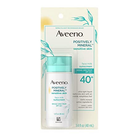 Aveeno Positively Mineral Sensitive Skin SPF 40  Sunscreen Face Milk with Zinc Oxide & Titanium Dioxide, Invisible Oil-Free Liquid Facial Sunscreen, Paraben- & Phthalate-Free, 1.4 fl. oz