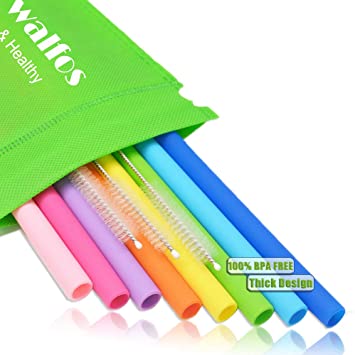 WALFOS Reusable Silicone Straws- Extra Long Flexible Straight Straws for Smoothies/20 & 30 oz Tumblers Yeti/Rtic/Ozark/Trail -（8 Straws   3 Cleaning Brushes   1 Storage Pouch）- Food Grade & BPA Free