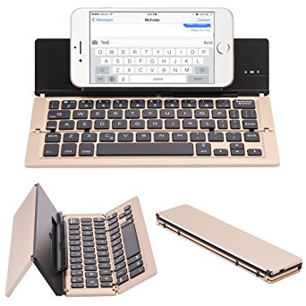 NOVT Foldable Wireless Bluetooth Keyboard with Stand for iPhone 7 Plus/7/6s/iPad/iPad Pro/iPad Air 2/Air, iPad mini 3 / mini 2/mini/Samsung Galaxy Tabs and Other Android iOS Tablet Smart phones (Gold)