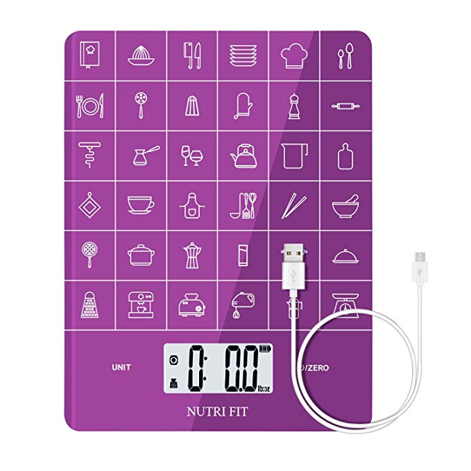 Rechargeable Digital Kitchen Scale Multifunction Food Scale with Dough Scraper by NUTRI FIT, Portable and Tare Function, 11lb/5kg Baking & Cooking Scale, Purple.