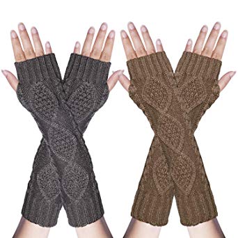 2 Pairs Women Winter Warm Knit Fingerless Gloves Hand Crochet Thumbhole Arm Warmers Mittens