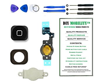 iPhone 5 Home Button (Black) with Flex Cable, Metal Piece, and Rubber Sticker Gasket Replacement Kit with Tools and Instructions Included - DIYMOBILITY