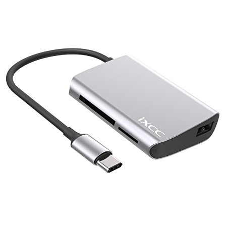 USB C to SD Card Reader / USB 2.0 Adapter Hub, iXCC USB 2.0 Aluminum Hub, USB Type C to USB 2.0 Adapter for New MacBook, Google Chromebook Pixel and Other Type C Devices - Gray