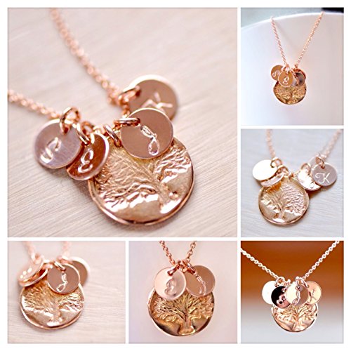 Rose Gold Family Tree Charm Initial Necklace, Personalized Necklace ,Tree of Life
