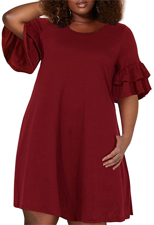 Nemidor Women's Ruffle Sleeve Jersey Knit Plus Size Casual Swing Dress with Pocket