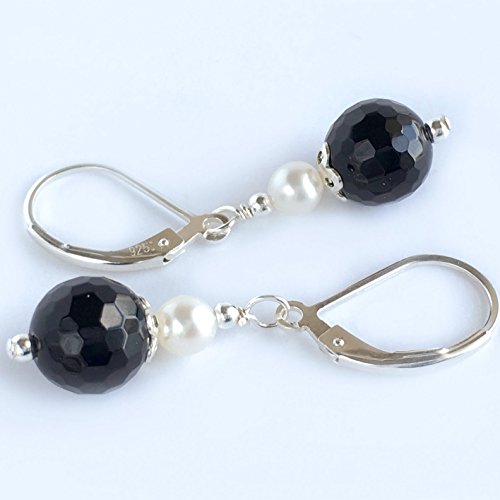 Black Onyx and Freshwater Pearl Earrings, Sterling Silver Leverback Earrings, Black Onyx Earrings, Freshwater Pearl Earrings, Gift Ideas for Mom
