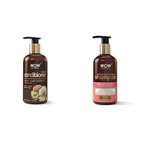 WOW Coconut & Avocado Oil No Parabens & Sulphate Hair Conditioner, 300mL & Frizz Defy Luster No Parabens, Sulphate & Silicone Shampoo, 300mL Combo