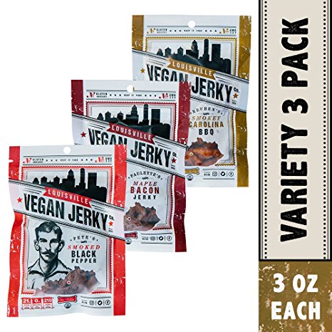 Louisville Vegan Jerky - 3 Flavor Variety Pack, Vegetarian & Vegan Friendly Jerky, Non-GMO Soy Protein, Gluten-Free Ingredients (Smoked Black Pepper, Maple Bacon & Smokey Carolina BBQ , 3 oz)
