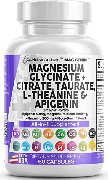 Magnesium Glycinate Complex 1000mg with L-Theanine 200mg Apigenin 50mg Citrate Taurate Supplement - 5-HTP GABA Passion Flower Lemon Balm L-Glycine Phosphatidylserine Ashwagandha - USA Made Clean Nutra