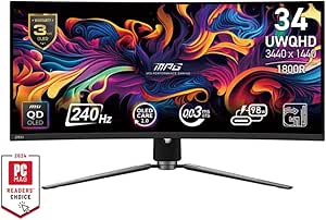 MSI MPG 341CQPX QD-OLED 34-inch Curved OLED Gaming Monitor, 3440 x 1440 (UWQHD), 0.03ms Response time, 240Hz, True Black HDR 400, HDMI, DP Port, USB Type C, Tilt, Height Adjustable (Renewed)