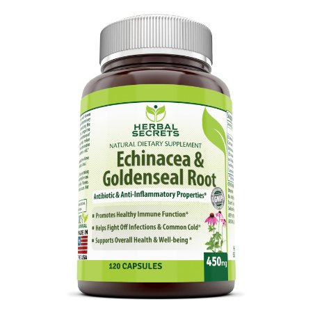 Herbal Secrets Echinacea and Goldenseal Root - 450 Mg 250 Caps with Echinacea Purpurea Goldenseal Burdock Root and Cayenne Pepper - Supports Healthy Immune Function and Overall Well-being