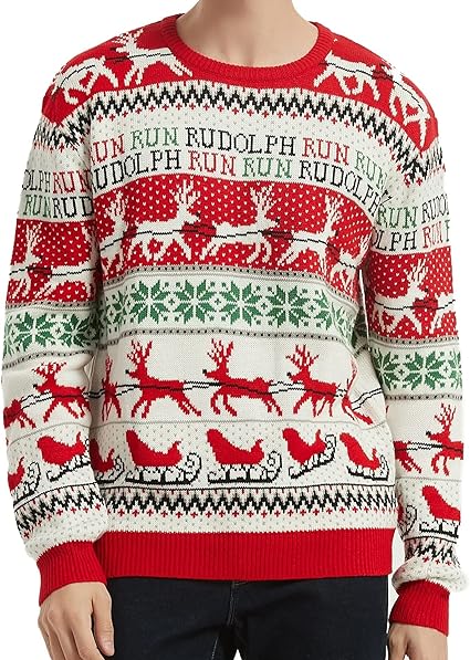 Men's Christmas Rudolph Reindeer Holiday Festive Knitted Sweater Cardigan Cute Ugly Pullover Jumper