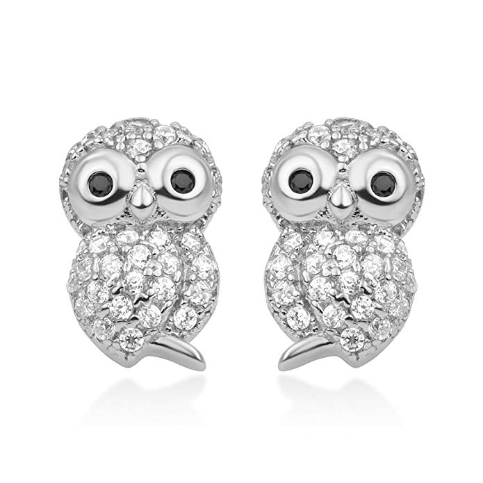 925 Sterling Silver White CZ Cute Little Owl Birds Post Stud Earrings 11 mm Women Jewelry