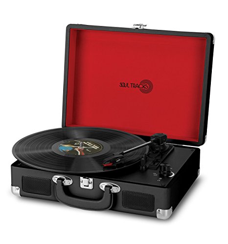 Photive SoulTracks Portable 3-Speed Suitcase Turntable with built in Speakers. Vinyl Stereo Record Player Automatic Belt-Drive- Black