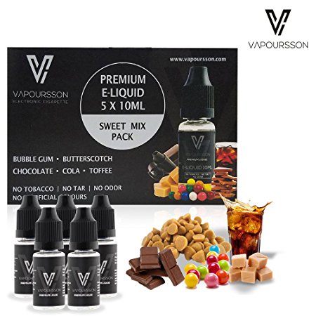 VAPOURSSON 5 X 10ml E Liquid Sweet Mix NEW FLAVOURS | Bubble Gum | Chocolate | Cola | Butterscotch Toffee | New Super Grade Formula To Create A Super Strong Flavour with Only High Grade Ingredients | VG & PG Mix | Made For Electronic Cigarette and E Shisha