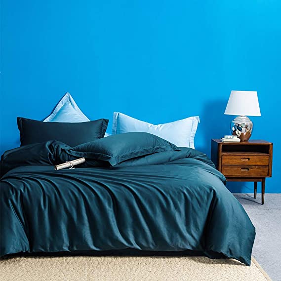 MILDLY Solid Color Peacock Blue Duvet Cover Sets Luxury Queen Comforter Cover with 2 Pillowcases 100% Egyptian Cotton (No Comforter)