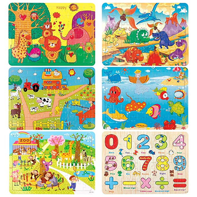 D-FantiX Kids Puzzles for Ages 3-8,6 Pack 60 Pieces Wooden Jigsaw Puzzles Dinosaur Farm Zoo Animal Puzzle Preschool Educational Toys