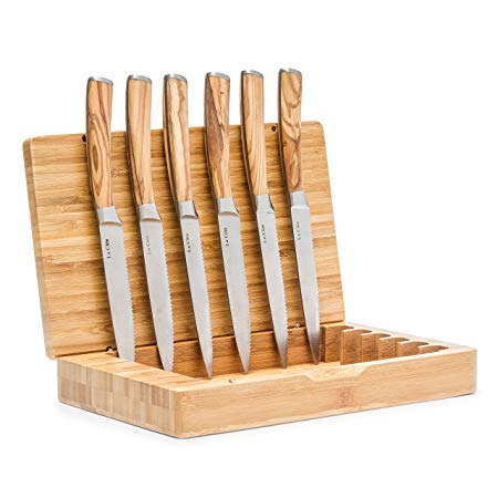 La Cote 6 Piece Steak Knives Set Japanese Stainless Steel Wood Handle in Bamboo Storage Box (Olive Wood)