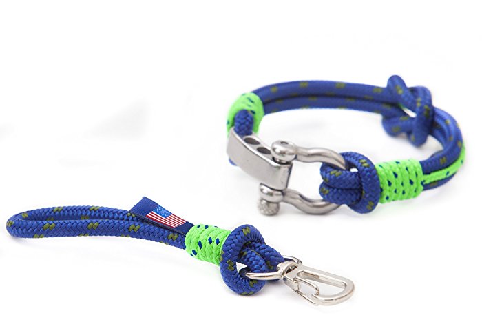 High-quality matching blue and green handmade nautical yachting sailor rope unisex beach hypoallergenic adjustable bracelet and key-chain key-ring, gift for him, gift for her, housewarming gift