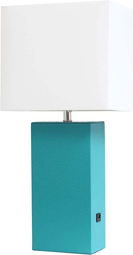 Elegant Designs LT1053-TEL Modern Leather USB and White Fabric Shade Table Lamp, Black