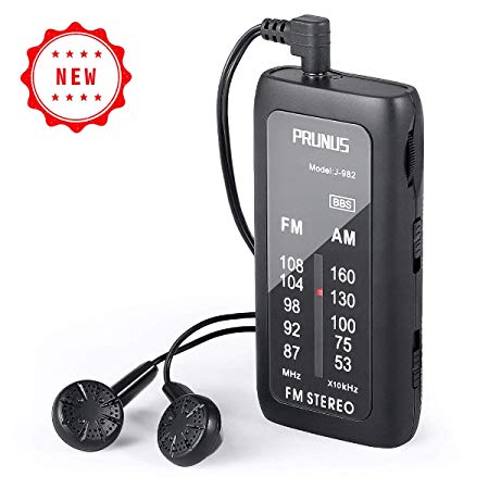 PRUNUS J-982 Mini Portable FM/AM Pocket Radio with Headphones, Personal Stereo Transistor Radio with Enhanced Bass, Operated by AAA Batteries for Walking,Jogging and Camping