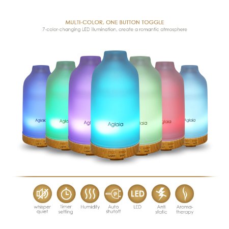Aiho Aglaia Essential Oil Diffuser100ml Glass Cover Electronic Aromatherapy Humidifier Whisper Quiet Adjustable Cool Mist ModeWaterless Auto off and 7 Color LED Light Surprise Present for Festivals