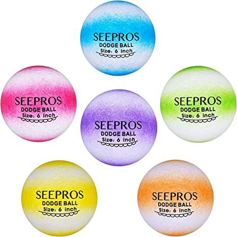 SEEPROS Foam Dodgeball Set - Soft Skin, Low Bounce, Dream Rainbow Color, Perfect for Outdoor, Backyard Games - Set of 6 with Mesh Storage Bag for Kids and Adults Playground Balls