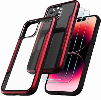 AIMOSIO for iPhone 14 pro max Case,Military Grade Shockproof Aluminum Cases with 2 Screen Protector,Metal Aluminum  Flexible TPU Frame,Anti-Yellowing Transparent PC Back,6.7 inch (2022)-Red