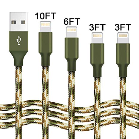 Compatible Charger Cable - XUZOU 4Pack 6FT 2x3FT 10FT to USB Syncing Data Nylon Braided Cord Charger Replacement Compatible Phone X/8 Plus/8/7/7 Plus/6/6 Plus/6s/6s Plus/5/5s/5c/SE-Camo Green