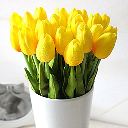 Supla Artificial Flowers 20 heads Real Touch Tulips in Yellow PU Tulips Flowers Arrangement Bouquet Wedding Bouquets Home Room Office Centerpiece Party Wedding Decor (yellow)(vase not included)