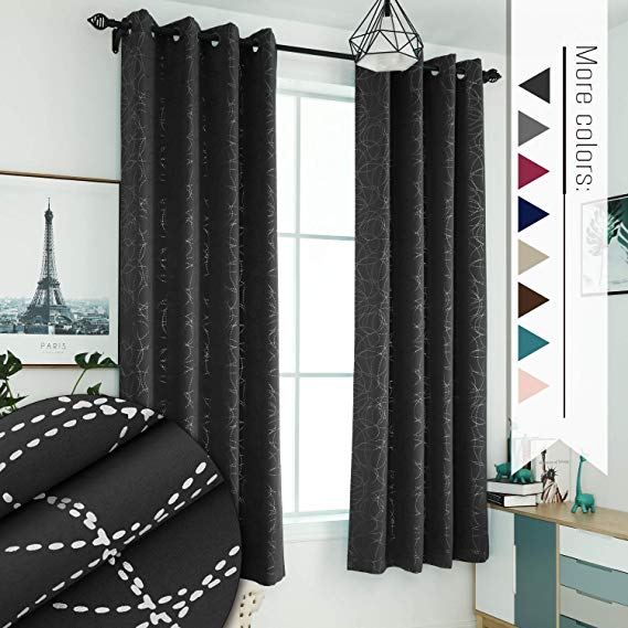 Sophia & William 52" W x 63" L Blackout Curtains with Grommets Thermal Insulated, Hot Stamping (Silver) Stitched Swirl Pattern - 2 Panels, Black