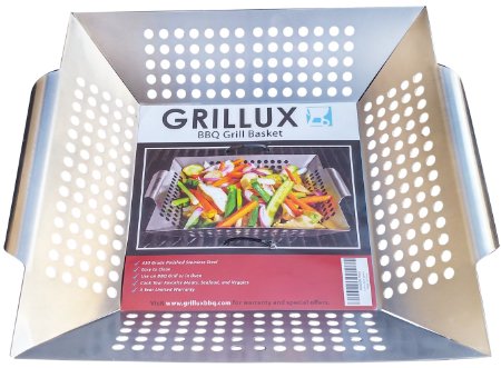 BBQ Vegetable Grill Basket - Use as Wok, Skillet, or Smoker - Durable 430 Grade Stainless Steel - Professional Cookware - Barbeque Fish & Diced Meat - by Grillux