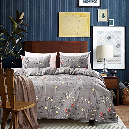 Desilife Home Country Rustic Print Spring Floral Duvet Cover Set - Zipper Closure Comforter Cover 3 Pieces Set - Lightweight Microfiber Hypoallergenic Quilt Case (No Insert) Grey Leaves Queen