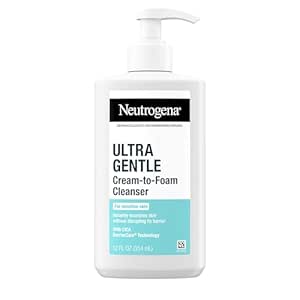 Neutrogena Ultra Gentle Cream-to-Foam Daily Facial Cleanser, Transforms from a Creamy Cleanser to a Foaming Face Wash, Gently Cleanses Sensitive Skin, Fragrance-Free, Hypoallergenic, 12 oz