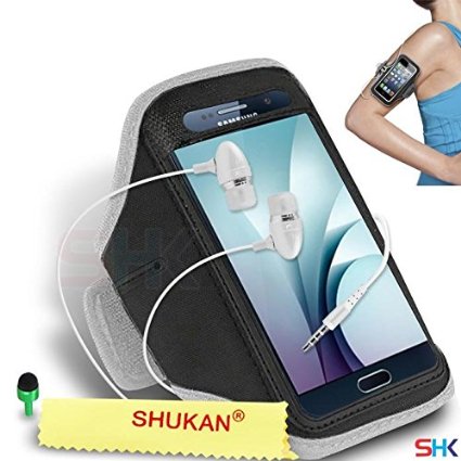 Samsung Galaxy S7 - [WHITE   Earphone] Adjustable Armband Sport Gym Bike Cycle Running Jogging Walking Hiking Workout and Exercise Sweat-Free High Quality Neoprene Sports Case Cover Holder Pouch Velco Strips With Premium Quality in Ear Buds Stereo Hands Free Headphones Headset with Built in Microphone Mic and On-Off Button   GREEN 2 IN 1 Dust Stopper GSVL95 BY SHUKAN®, (WHITE   Earphone)