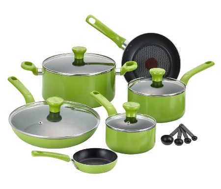 T-fal C968SE Excite Nonstick Thermo-Spot Dishwasher Safe Oven Safe PFOA Free Cookware Set, 14-Piece, Green