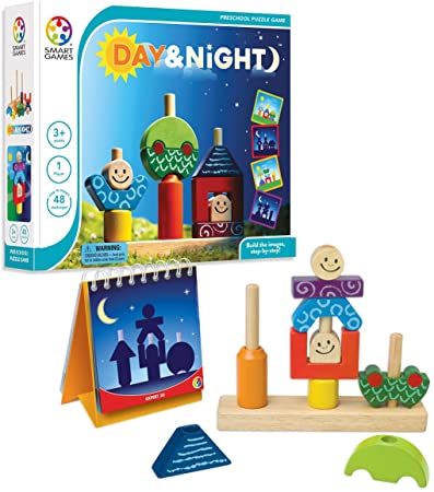 SmartGames Day & Night Wooden Cognitive Skill-Building Puzzle Game Featuring 48 Playful Challenges for Ages 2