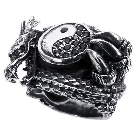 KONOV Vintage Stainless Steel Gothic Dragon Biker Mens Ring, Yin Yang, Tai Chi