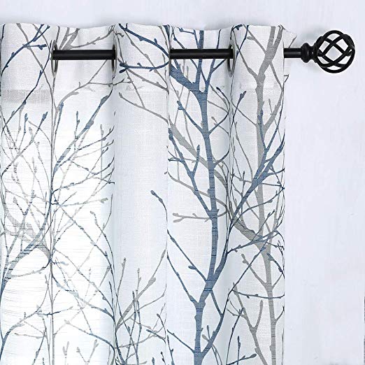 Blue White Curtains 84” for Living Room Grey Tree Branches Print Curtain Set Linen Textured Semi-Sheer Window Drapes for Bedroom Grommet Top, 2 Panels