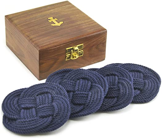Sailor's Rope Coaster Set, Nautical Anchor Cherry Wood Box Holder, 4.75-inch, Navy Blue by Home Collection