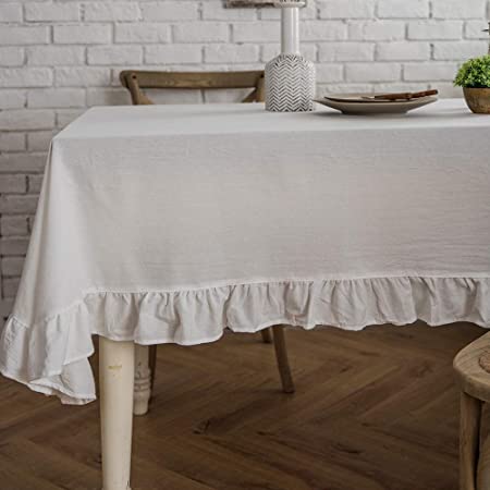 ColorBird French Vintage Ruffle Trim Tablecloth Washable Cotton Linen Table Cover for Kitchen Farmhouse Rustic Wedding Banquet Baby Shower Tabletop Use (Round, 60 Inch, White)