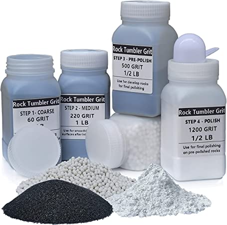 4 LBS Rock Tumbler Grit Media Kit, Rock Tumbling 5 In 1 Set- Inculde 3 LBS 4 Step Polishing Grits Media   1 LB 1/8" Ceramic Pellets Filler Media, Rock Polish Tumbling Supplies Set - Stone Polishers