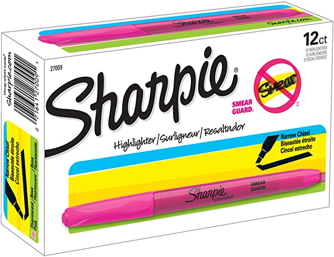 Sharpie 27009 Pocket Style Highlighters, Chisel Tip, Fluorescent Pink, Box of 12